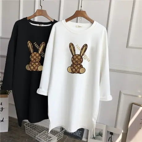 白色T恤女长袖中长款下摆开叉小众设计感内搭2023春秋大码打底衫商品大图