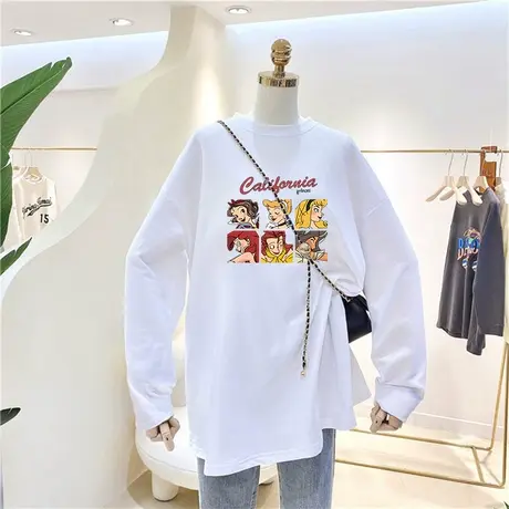 白色长袖打底衫女秋冬季内搭设计感小众宽松圆领纯棉t恤上衣ins潮商品大图