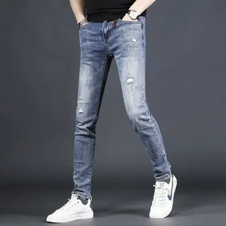 潮牌牛仔裤男夏季薄款修身小脚破洞2023新款蓝色弹力男装男士裤子商品大图