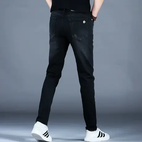 男士2023新款牛仔裤男款黑色涂鸦修身秋冬破洞补丁小脚裤子潮牌男商品大图
