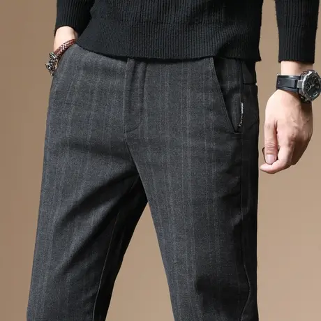 秋冬季毛呢条纹西裤宽松紧休闲长裤男士直筒宽松高端弹力冬天裤子商品大图