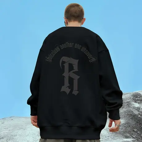 秋季国潮oversize大码男装潮牌ins情侣圆领简约加肥加大加绒卫衣图片