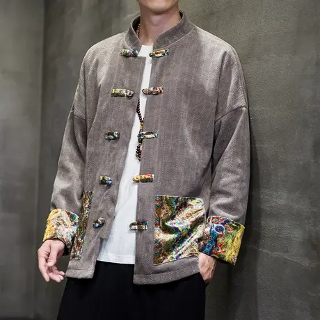 2023秋冬男衣服中国风复古中式盘扣唐装灯芯绒休闲夹克时尚潮外套图片