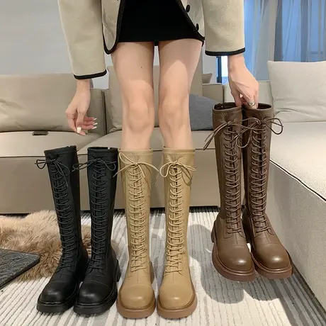 长筒靴女2023春秋新款网红小众设计感英伦风瘦瘦靴粗跟厚底骑士靴图片