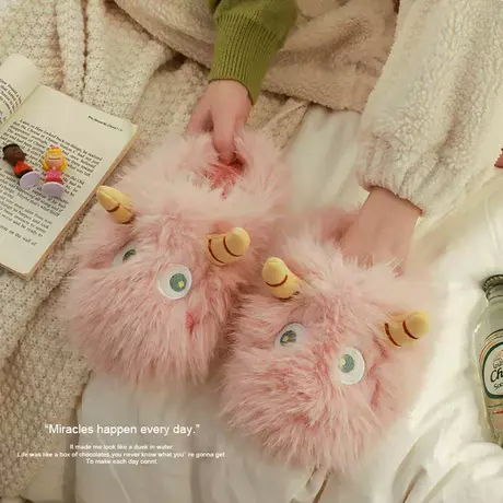 可爱小怪兽毛毛拖鞋女秋冬新款外穿情侣家居加绒保暖包头棉拖鞋潮商品大图