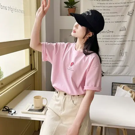 唐狮短袖T恤女2023新款夏季宽松纯棉体恤设计感小众别致上衣sz商品大图