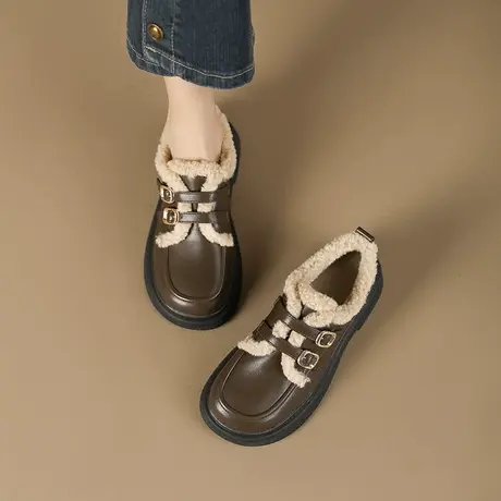 法式玛丽珍鞋女平底单鞋2023秋冬季新款加绒乐福鞋加厚棉鞋小皮鞋图片