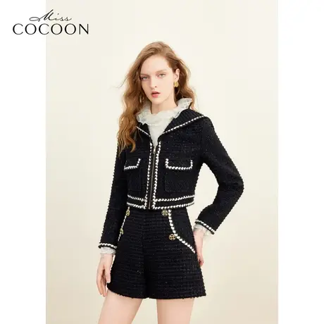 missCOCOON撞色复古小香风短款外套女2023秋冬新款海军领开衫上衣商品大图