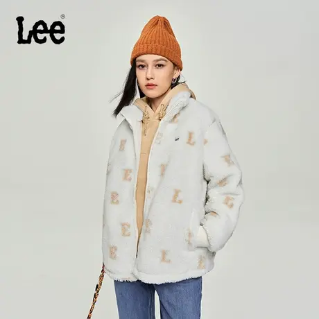 Lee商场同款23秋冬新品舒适版满身字母印花乳白色仿羊羔绒女棉服图片