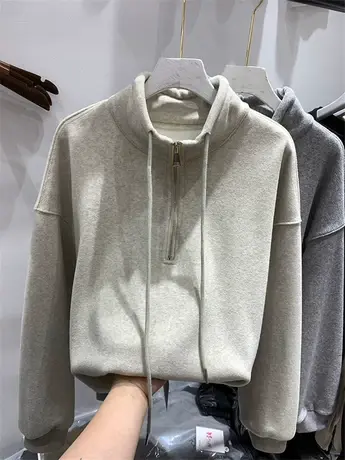 欧货立领半拉链加绒套头卫衣女2023年冬季新款宽松休闲百搭上衣潮商品大图