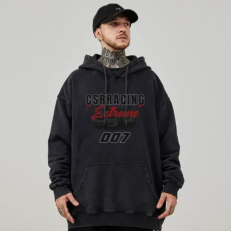 加肥加大码连帽美式重磅复古胖子男装潮流宽松做旧卫衣加绒秋冬款图片