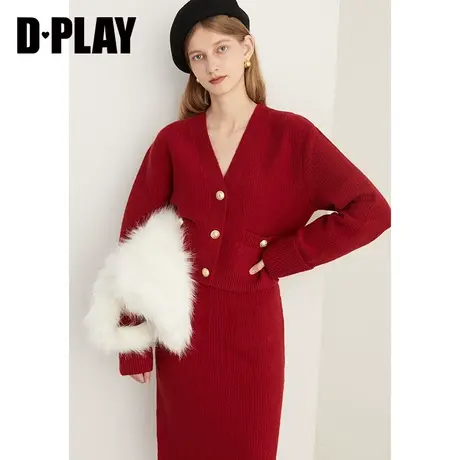 DPLAY2024新年红色别致绝美毛衣V领长袖宽松针织开衫外套套装女商品大图