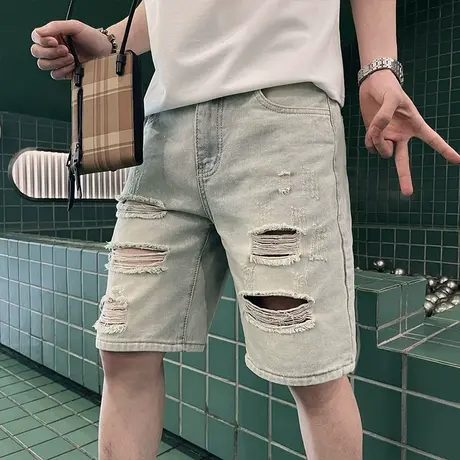 夏季男痞帅个性破洞牛仔短裤2023新款潮小众直筒ins学生五分裤商品大图