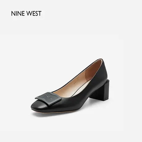 Nine West/玖熙羊皮革方扣圆头粗跟单鞋2024年春季上班通勤高跟鞋图片