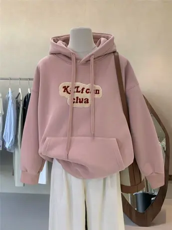 刺绣贴布字母韩版复古宽松休闲秋冬季加绒加厚卫衣女连帽外套上衣商品大图