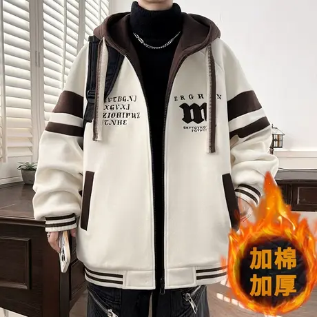 加棉夹克男秋冬新款奥粒绒连帽外套潮牌时尚拼色男生加厚保暖上衣图片