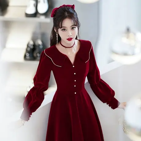 长袖敬酒服新娘2024新款冬季小个子结婚订婚连衣裙礼服红裙酒红色图片