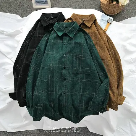 衬衫男秋季格子长袖外套日系复古情侣装痞帅宽松衬衣休闲上衣服寸商品大图