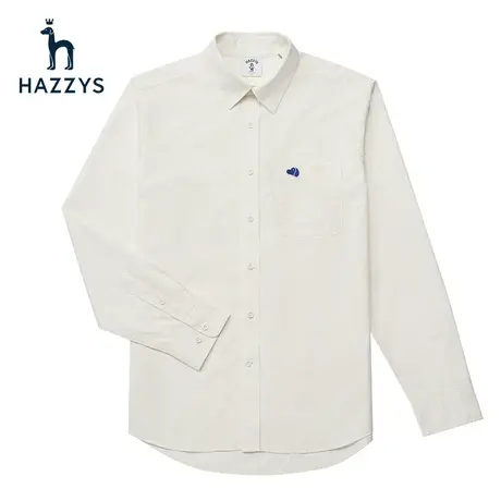 Hazzys哈吉斯新品男士长袖纯棉衬衫韩版休闲宽松纯色衬衣男潮流商品大图