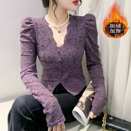 不规则开叉性感镂空V领蕾丝长袖女打底衫加绒洋气磨毛保暖上衣ins商品大图