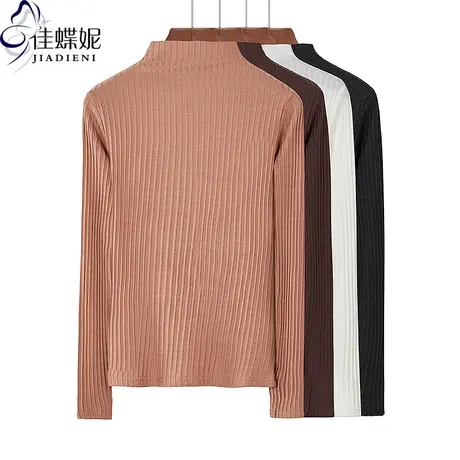 秋冬新款韩版半高领修身显瘦纯色纯棉螺纹长袖体恤上衣女打底衫商品大图