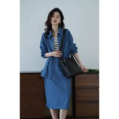 嘉茱莉2025初秋新款衬衫外套女休闲通勤套装中长款上衣外套蓝色商品大图