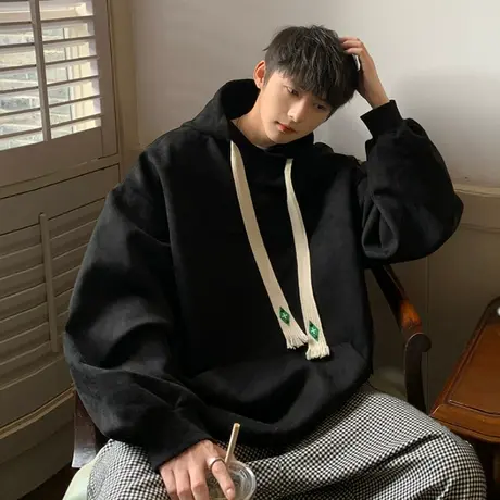 连帽卫衣男秋冬新款潮牌纯色钢印帽衫套头上衣服港风宽松休闲外套商品大图