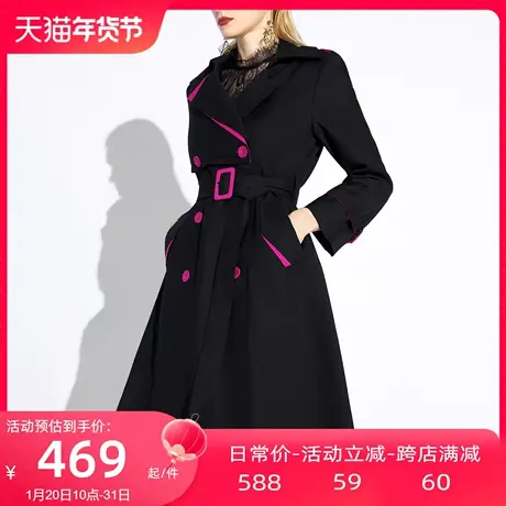 AUI黑色气质高级感风衣外套女2024早春新款欧美风中长款收腰大衣图片