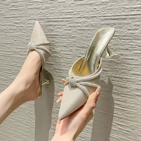 2024年春季新款时尚包头水钻半拖鞋女外穿名媛气质尖头细跟高跟鞋商品大图