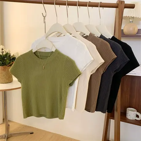 复古简约圆领短袖针织衫女春夏韩系净色套头洋气百搭坑条打底上衣商品大图