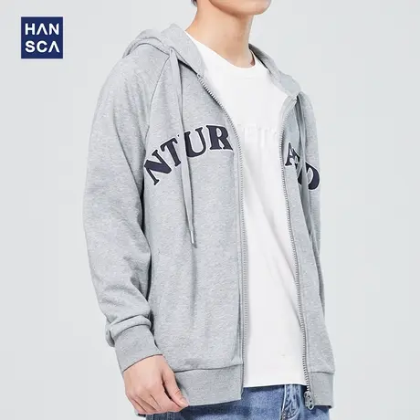 hansca灰色开衫卫衣男春秋季宽松情侣拉链美式休闲连帽运动外套男商品大图