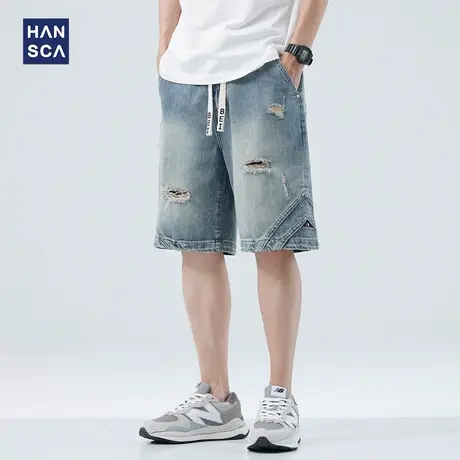 hansca复古水洗破洞牛仔短裤男潮牌夏季薄款宽松直筒休闲五分裤子商品大图