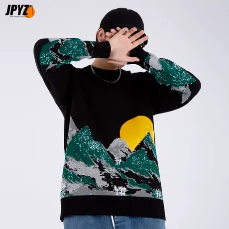 慵懒风国潮新款印花小众设计感ins毛衣男宽松套头休闲针织衫外套商品大图
