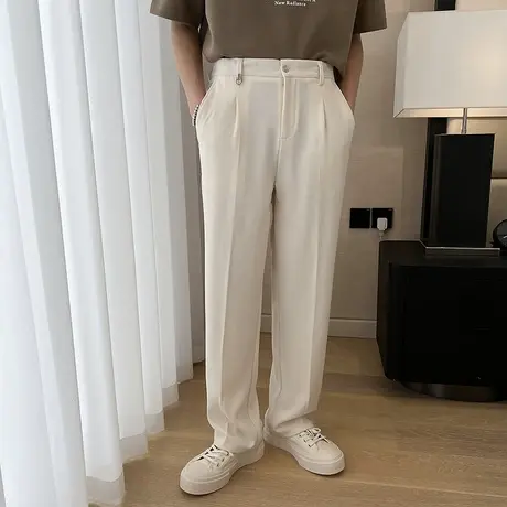 窄版宽松阔腿裤男春夏薄款竖条纹肌理感直筒裤休闲痞帅垂感拖地裤图片