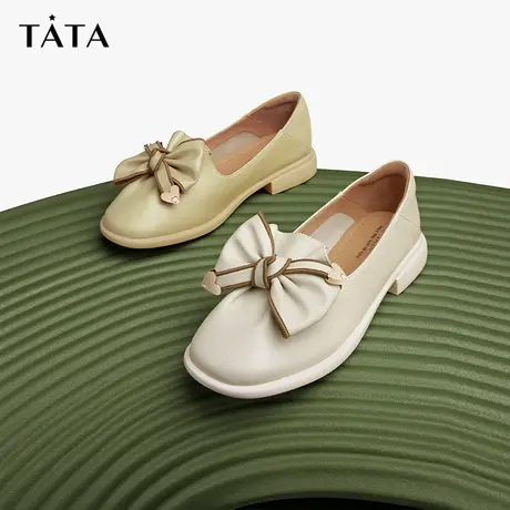 百补直播Tata他她蝴蝶结方跟通勤乐福鞋女平底浅口单鞋YJW04AA3商品大图