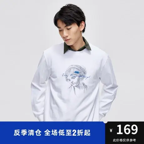 马克华菲素描印花结合圆领卫衣男秋新款潮流情侣落肩袖上衣图片