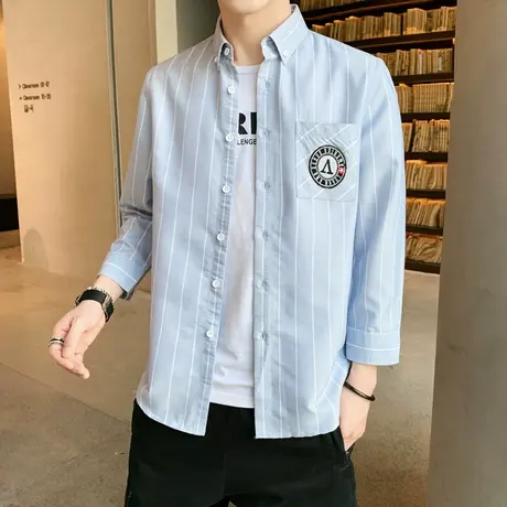 衬衫男七分袖休闲韩版条纹短袖衬衣学生潮流春夏季薄款寸衫外套男商品大图