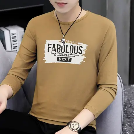 莫代尔长袖t恤男修身潮流印花上衣服圆领打底衫体恤内搭秋衣小衫商品大图