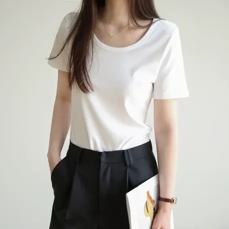 嘉茱莉2023年春夏新款短袖t恤女上衣水柔棉显瘦内搭打底衫女体恤商品大图