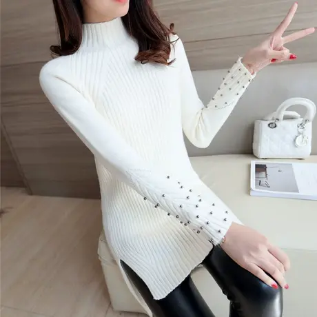 冬装新款黑色高领加厚时尚钉珠毛衣女式中长款套头修身针织打底衫图片