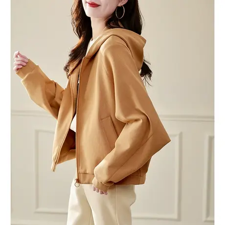 宝诗黎时尚蝙蝠袖宽松外套女2023秋韩版纯色减龄连帽休闲短款上衣商品大图