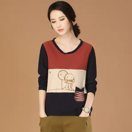 韩潮袭人圆领撞色宽松针织衫女2023秋季新款设计感毛衣打底上衣商品大图