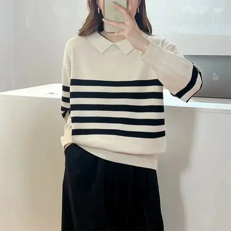 小方领条纹针织衫秋装女2023年新款宽松设计感长袖洋气针织上衣潮商品大图