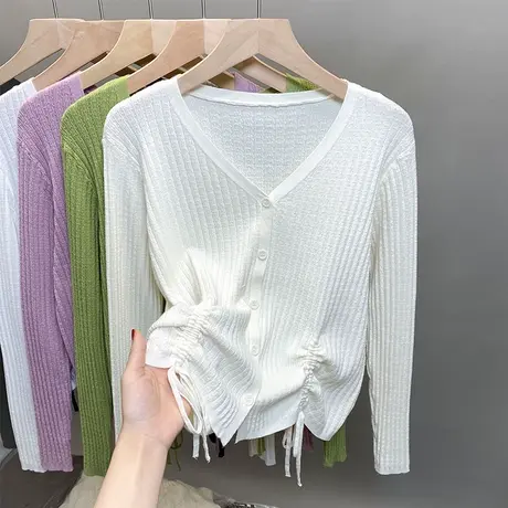 v领针织开衫女2023春夏秋新款外穿上衣系带防晒衣外套冰丝空调衫商品大图