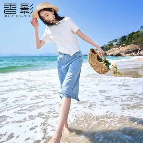 香影白色短袖t恤女2023夏装新款不规则抽绳藏肉显瘦开叉圆领上衣商品大图