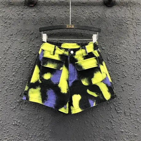 欧货2023夏季新款炸街扎染工装牛仔短裤女百搭休闲显瘦阔腿裤热裤商品大图