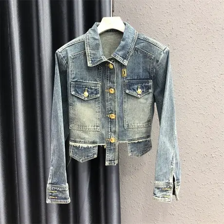 欧洲站2023秋新款潮酷辣妹复古金属扣洗水毛边拼接牛仔夹克短外套图片