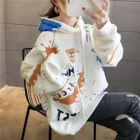 卫衣女2023秋冬韩版宽松bf慵懒风waitmore加绒加厚ins涂鸦外套潮商品大图