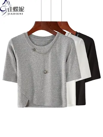 夏季新款纯白修身短款圆领戴项链纯色短袖上衣内搭打底衫女装T恤商品大图