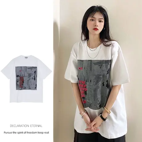 白色短袖圆领t恤女ins潮2022年早春新款大码mm洋气独特别致女上衣商品大图